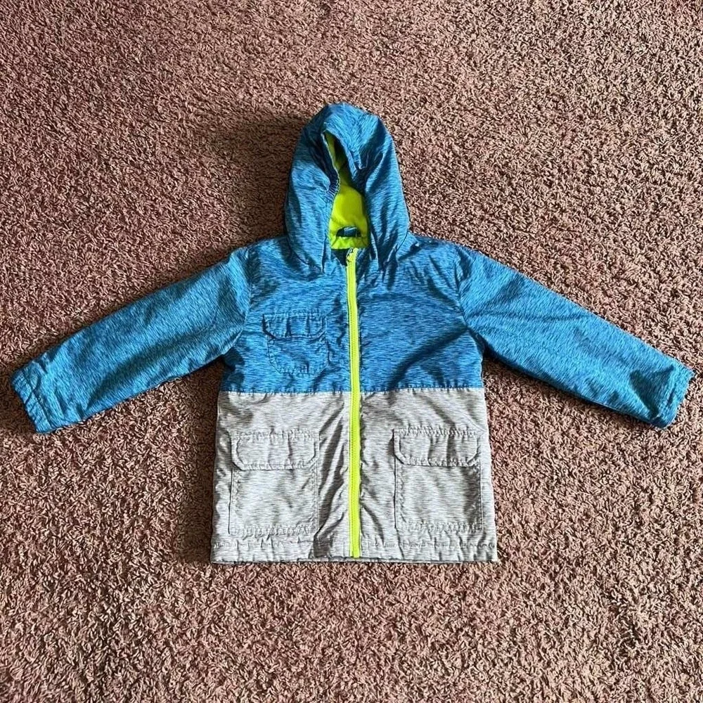 Swiss Tech Boys Blue Grey Colorblock Hooded Puffer Jacket Neon Green Lining 4T